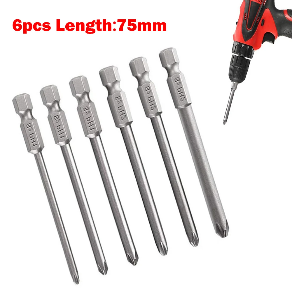 

6Pcs/Set Shank 1/4" S 2 Steel 75mm Long Magnetic Hex Cross Head Screwdriver Screw Driver Drill Bits Set