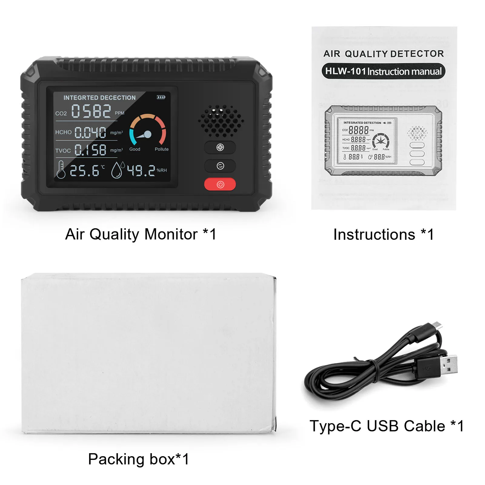 5 In 1 Air Quality Detector Monitor Carbon Dioxide HCHO CO2 TVOC Temperature Humidity Gas Analyzer | Инструменты
