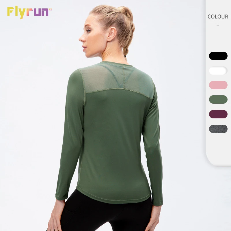 

Women's Autumn Yoga Sports T-shirt Solid Color Long Sleeve Quick Drying Breathable Mesh Splice Elastic Running Fitness Shirts