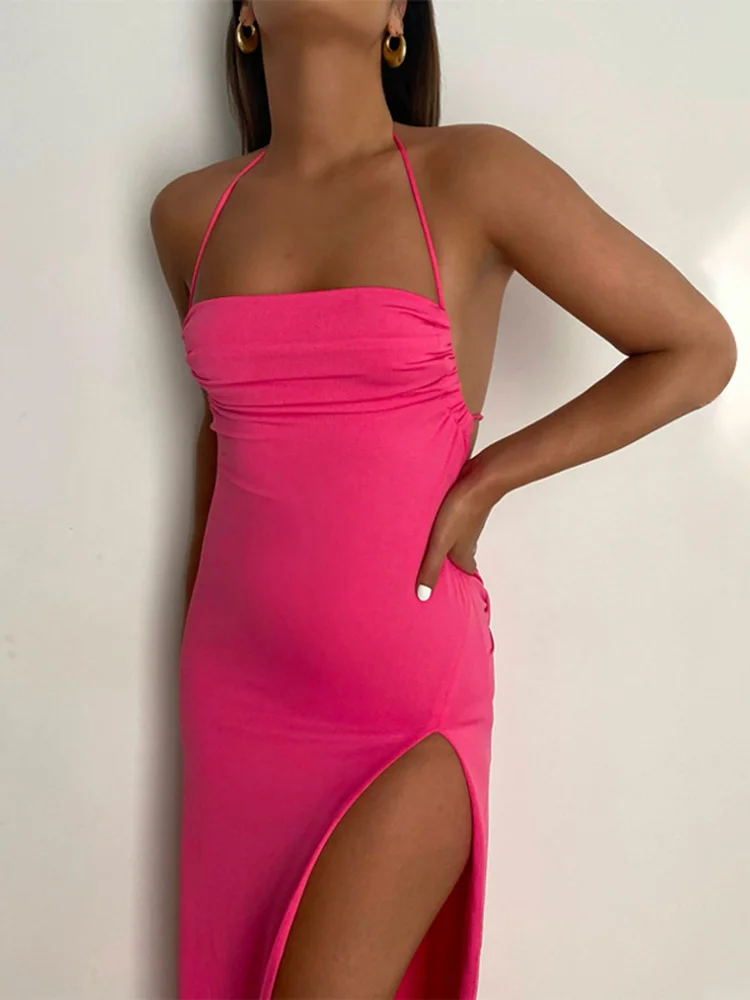 

Women's Halter Dress Sexy High Split Backless Low Cut Party Dresses for Women Summer Fashion Female Robe Evening Long Vestidos