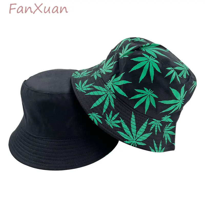 

Double-Sided Bucket Hat Men Women Maple Leaf Print Summer Cap Black Panama Fishing Fisherman Hats