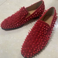 luxury designer shoes mens red suede flats dress shoes handmade spikes loafers slip on party and wedding shoes free shipping