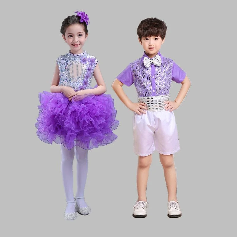 

Children's performance clothing purple sequin fluffy gauze skirt kindergarten boys girls' choir cheerleading dance costumes