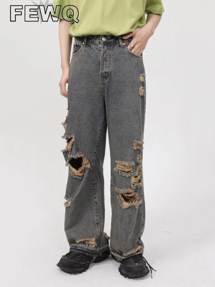 

FEWQ Men's Wear Casual Jeans Men Personalized Straight Tube Hole Male Trousers Vintage 2022 Autumn Korean New Fashion 9A3171