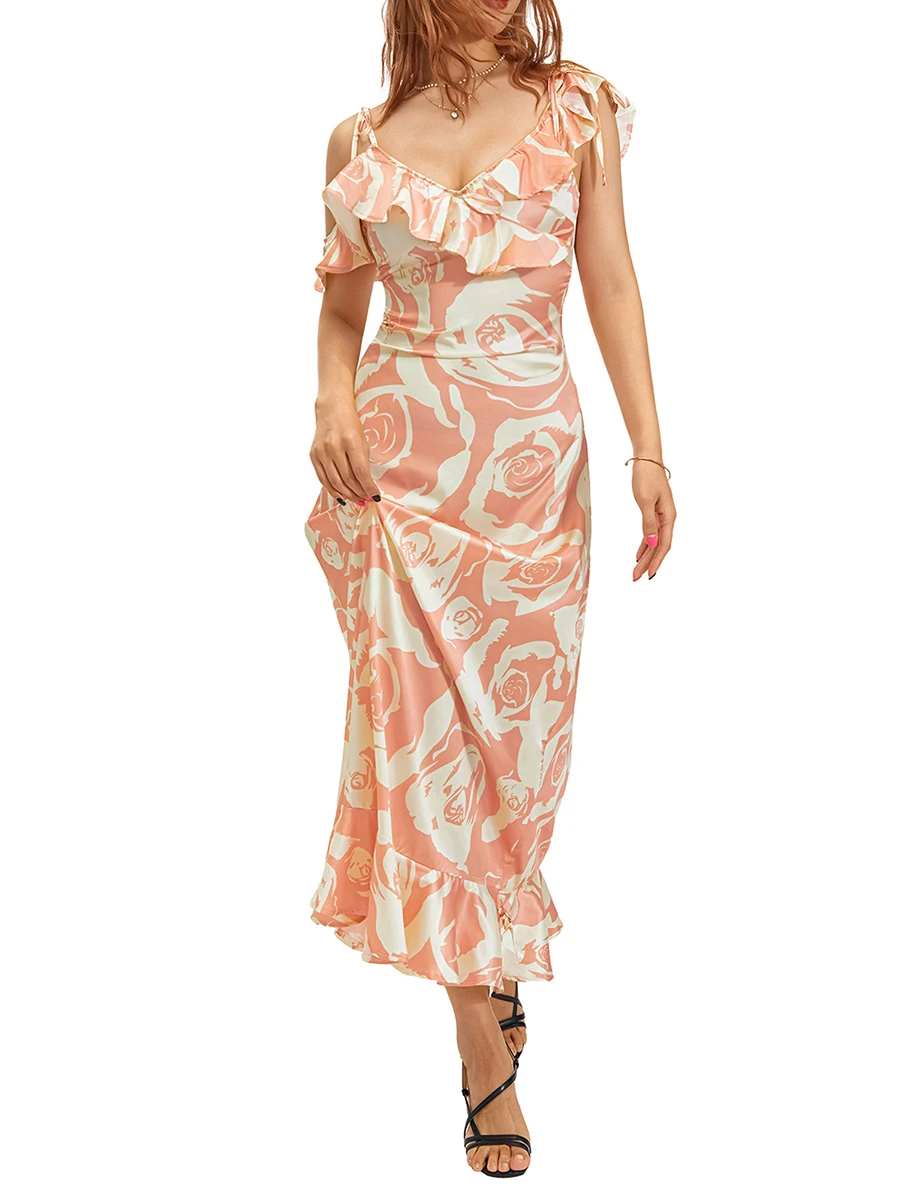 Женское асимметричное платье без рукавов с цветочным принтом и открытой спиной