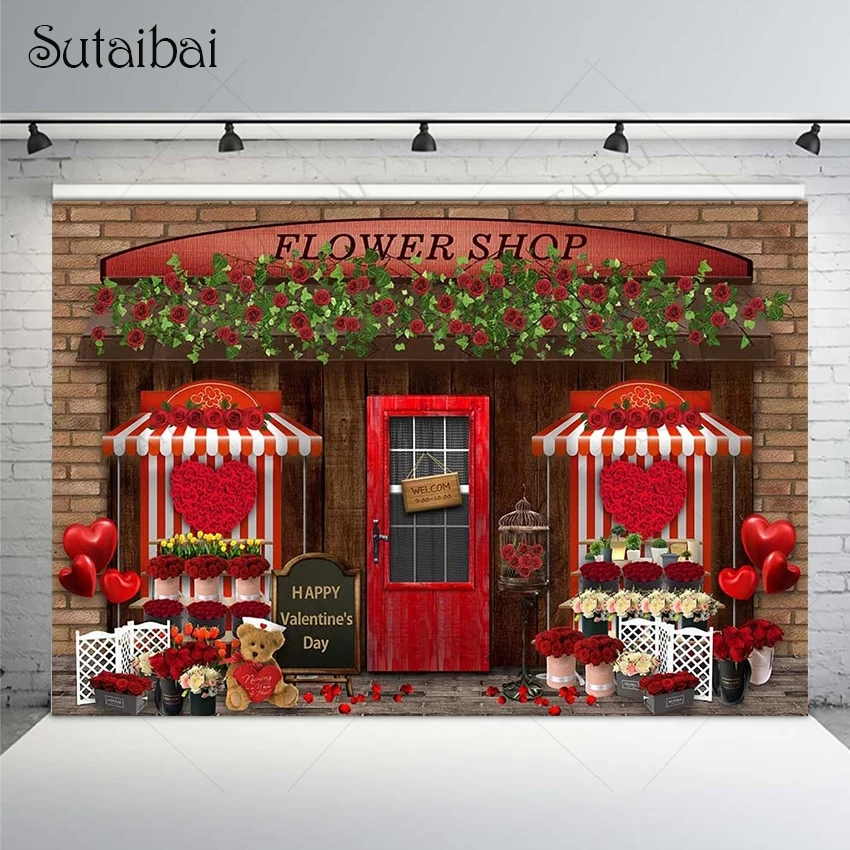 

Happy Valentine Day Backdrop Flower Shop Wedding Flower Wooden Board Brick Wall Love Heart Decoration Marriage Photo Booth Props