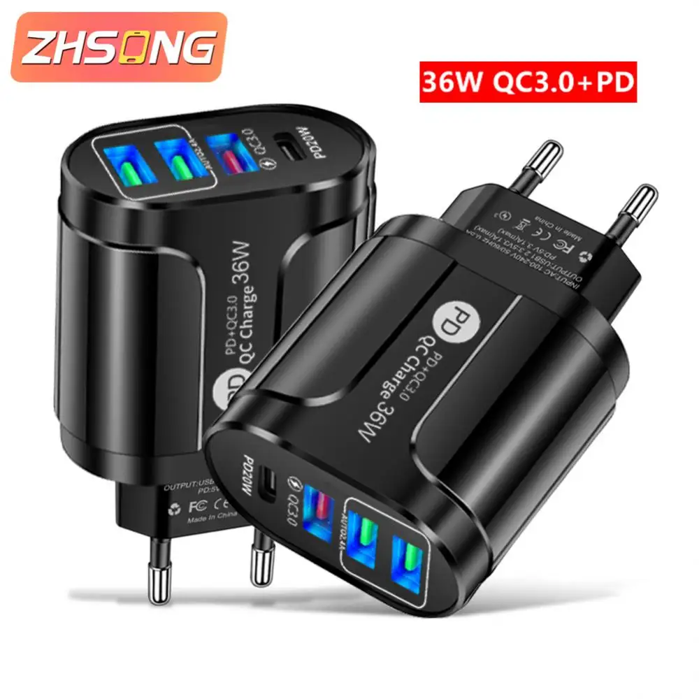 Зарядное устройство ZHSONG USB 36 Вт PD + QC3.0 4 порта дорожная зарядная головка адаптер