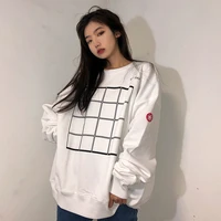 square print geometric round neck hoodies cotton for men and women lazy japanese style loose long sleeved pullover