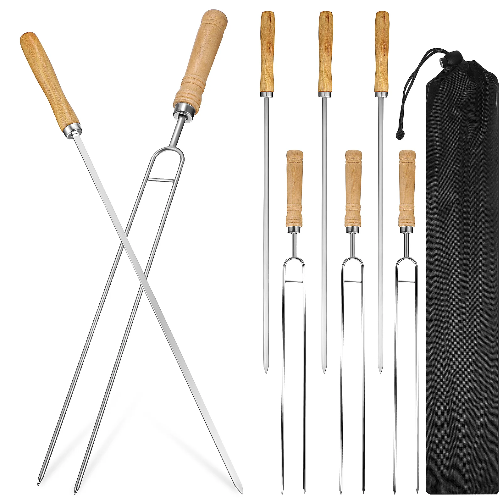 

8Pcs Stainless Steel Roasting Skewers Wooden Handle BBQ Fork Kabob Sticks with Drawstring Bag for Grilling