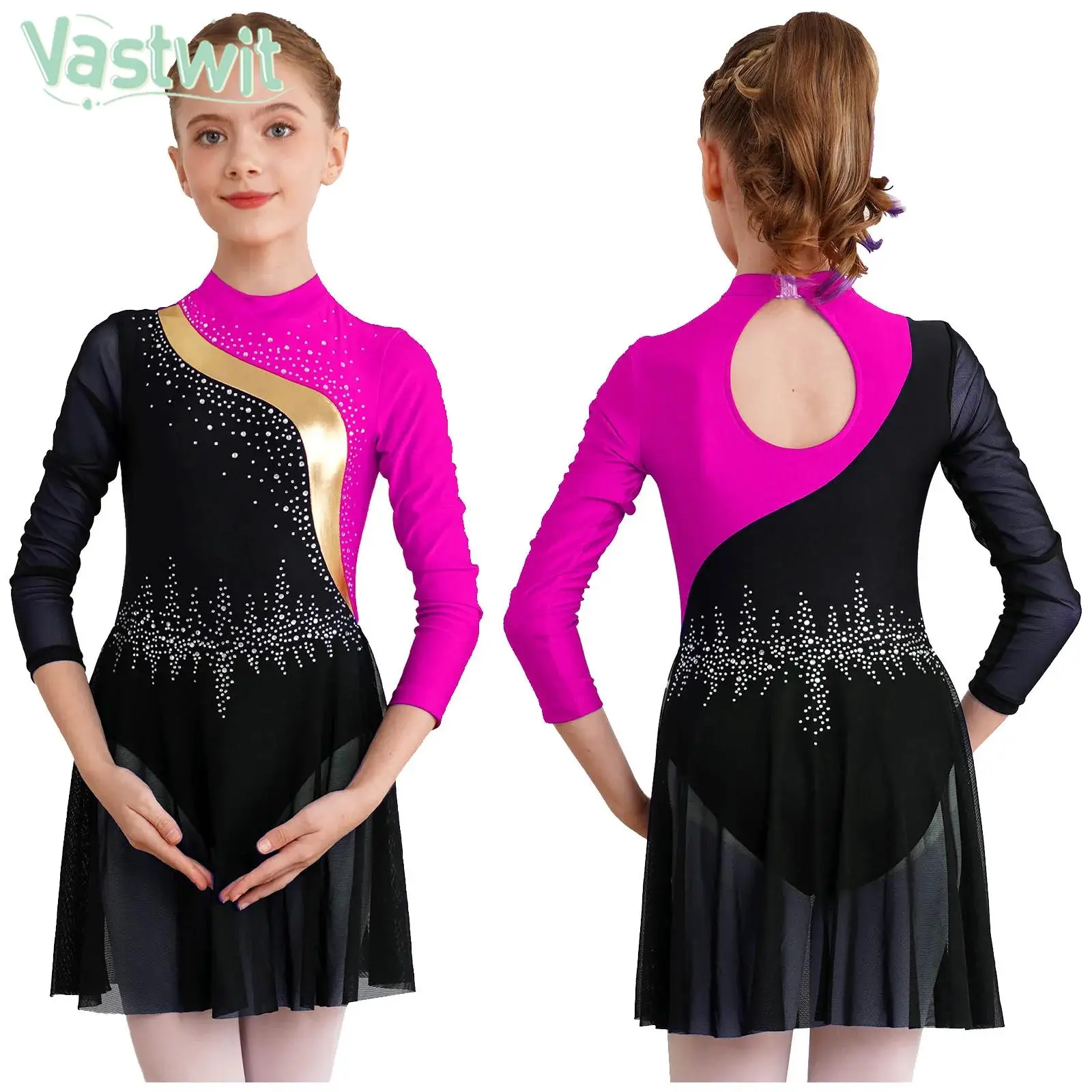 

Child Girls Long Sleeve Figure Skating Dress Ballet Lyrical Dance Rhythmic Gymnastics Leotard Tutu Stage Performance Dancewear