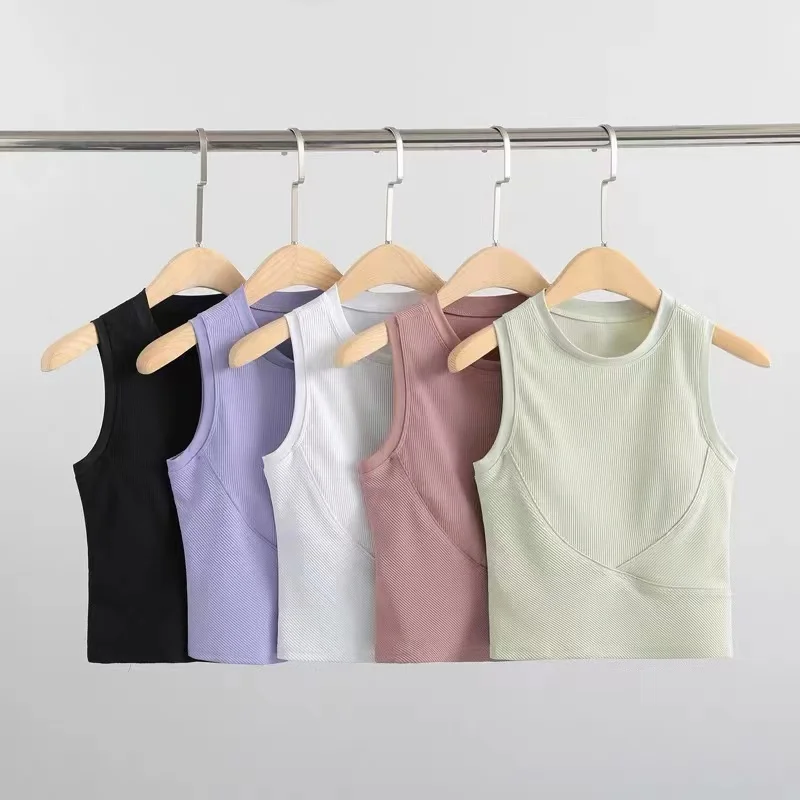 Lulu Women Built-in Chest Pad Yoga Vest  Stretchy Running Sports Bra Shockproof Sleeveless Fitness Tops Solid Color Tank Top