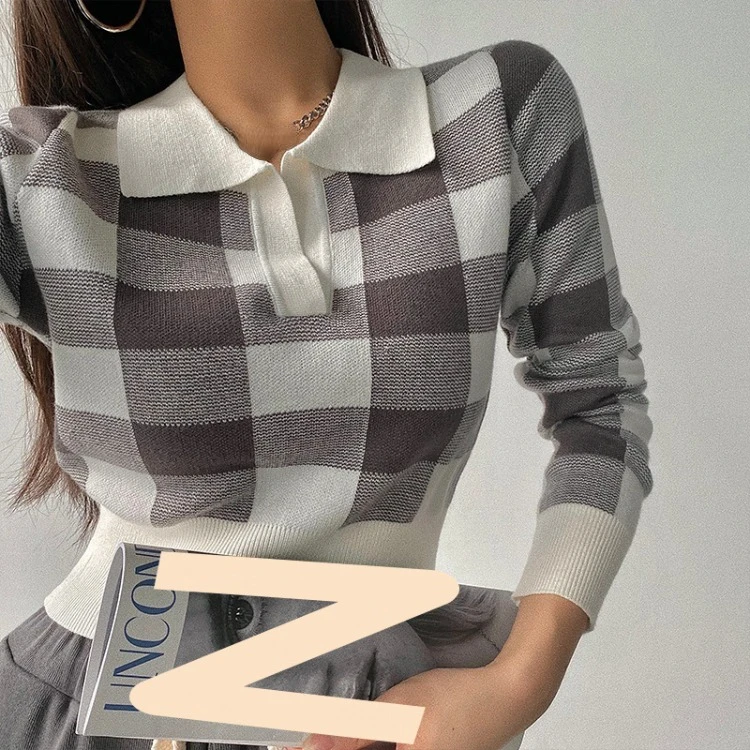 

American Retro Lapel Neck Plaid Pullovers Autumn New Slim Fit Bottoming Tops Women Y2k Grunge Long Sleve Knitted Sweaters
