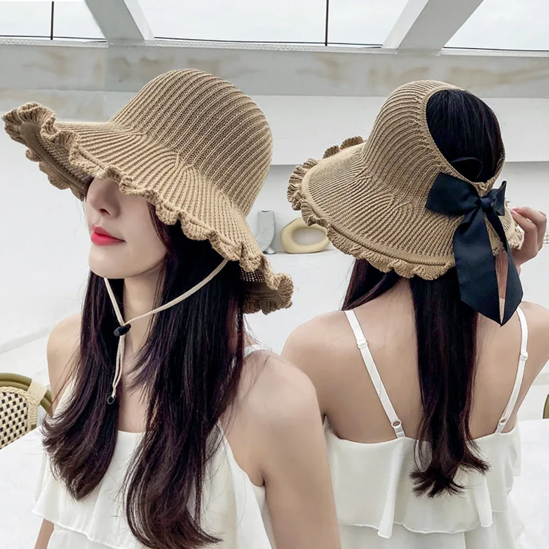 

Hot Selling Summer Ladies Bowknot Ribbon Big Eaves Sun Protection Hat Straw Hat Women Casual Beach Floppy Panama Caps