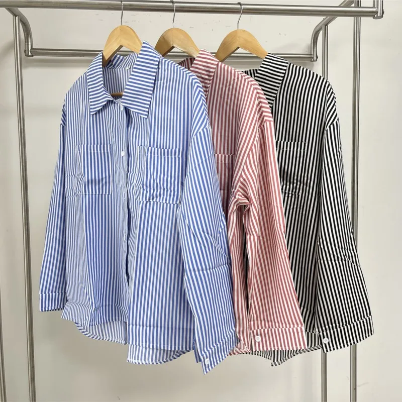 Однобортная полосатая рубашка на осень и зиму повседневная удобная свободная