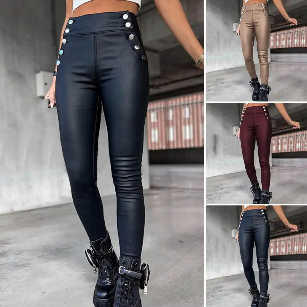 

Women 2022 Autumn Plain High Waist Buttoned PU Leather Skinny Long Pants Fashion All-Match Women's Clothing Female yk2