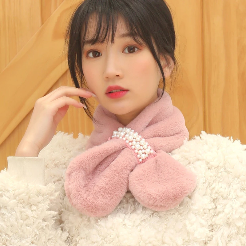 

Winter Pearl Plush Scarf For Women Autumn Cute Thickened Warm Faux Fur Cross Scarves Girls Soft Neck Ring Scarf Korean Style New