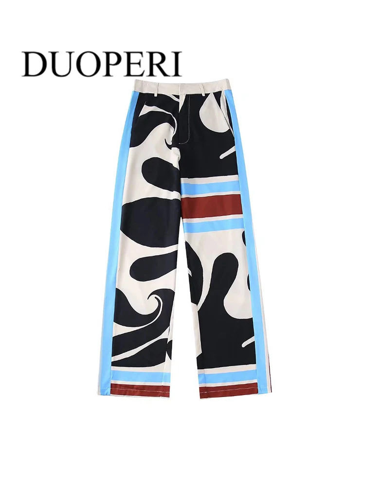 

DUOPERI Women Fashion Print Wide Leg Pants With Pockets Vintage High Waist Zipper Fly Female Trousers Mujer Chic Outfits