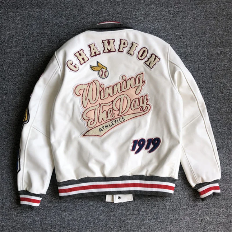 

Leather Jacket Men Motorcycle Luxury Designer Embroidery Short Biker Baseball Jackets Y2k Streetwear Spring Bomber Coat White
