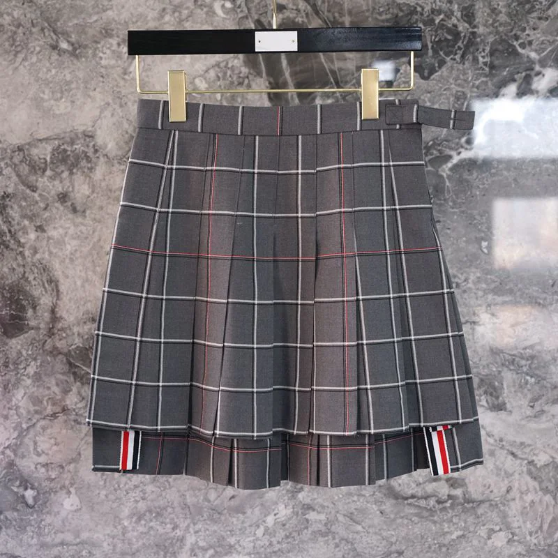 2022 Summer and Autumn New TB Short Skirt Women's High Waist Slim Front Short Back Long Split Skirt Wool Plaid Half A-line Skirt