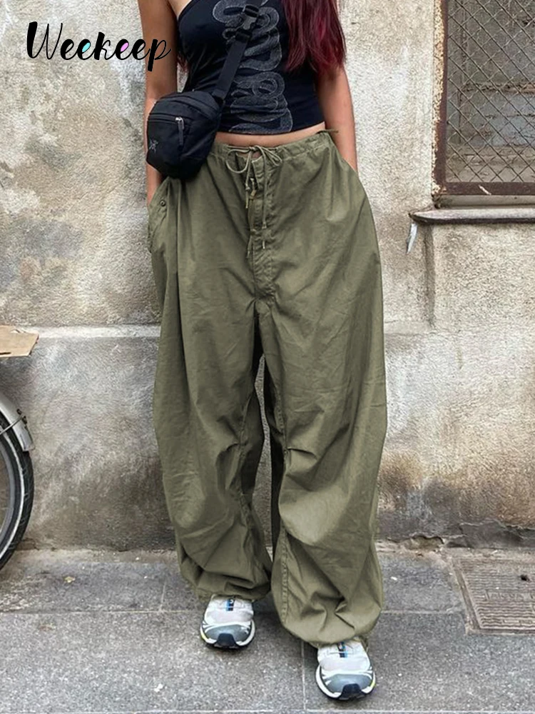 Weekeep-pantalones Cargo informales de tiro bajo para mujer, ropa de calle de gran tamaño, Capris de Hip Hop holgados, pantalones de chándal de pierna ancha Y2k, color verde