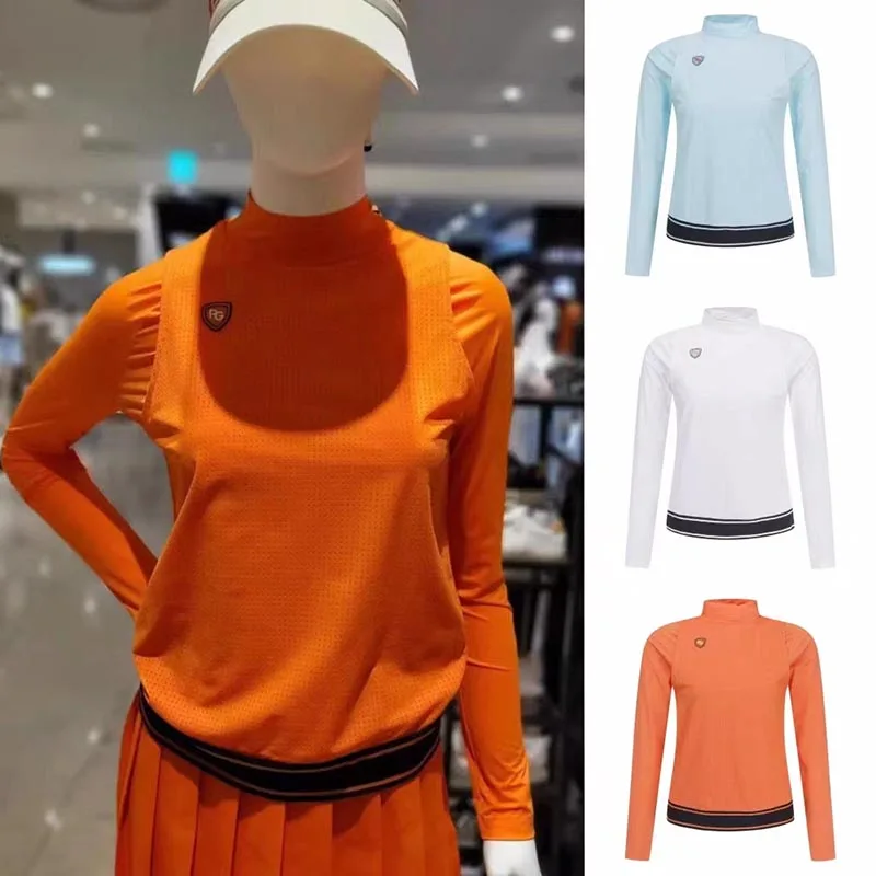 

Pearly Gates Golf Women's Long Sleeve T Shirt 2023 Autumn New Half-high Collar Hollow Spliced Golf Clothing