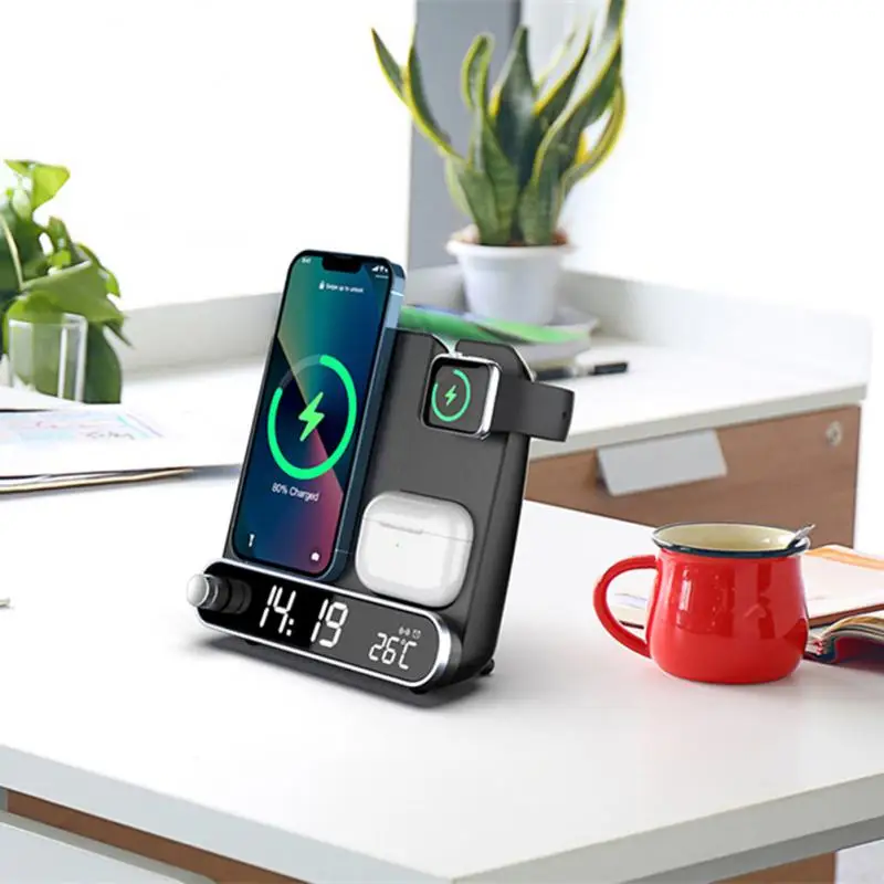 

Беспроводная зарядная станция RYRA, 15 Вт, 5 в 1, для IPhone 14 13Pro, Apple Watch 7/6, зарядные устройства для Airpods Pro с термометром, часами