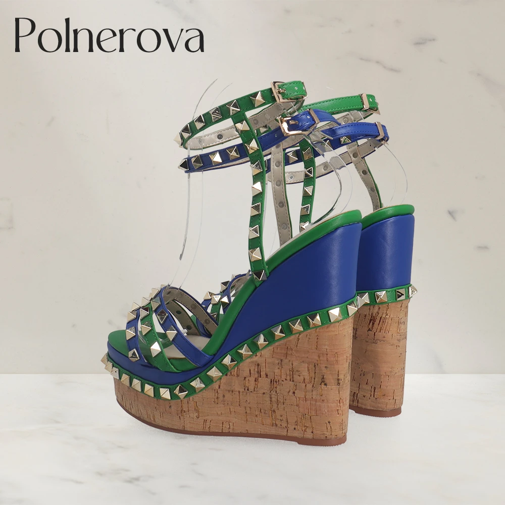 Wood Grain Wedge Rivet Sandals Blue Green Leather Buckle Summer Shoes Punk Fashion Style High Heels Platform Sandals for Women