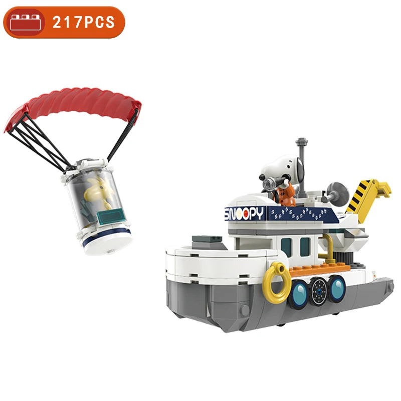 Figuras de acción creativas de Snoopy para niños, juguete de construcción de cápsula Kawaii, barco de salvamento, bloques de construcción, juguetes para montar, regalos