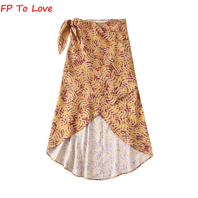 

FP To Love2022 Summer Yellow Printed Sarong Skirt Lace Up Beach Style Street Elegant Sexy Asymmetric Midi Skirt