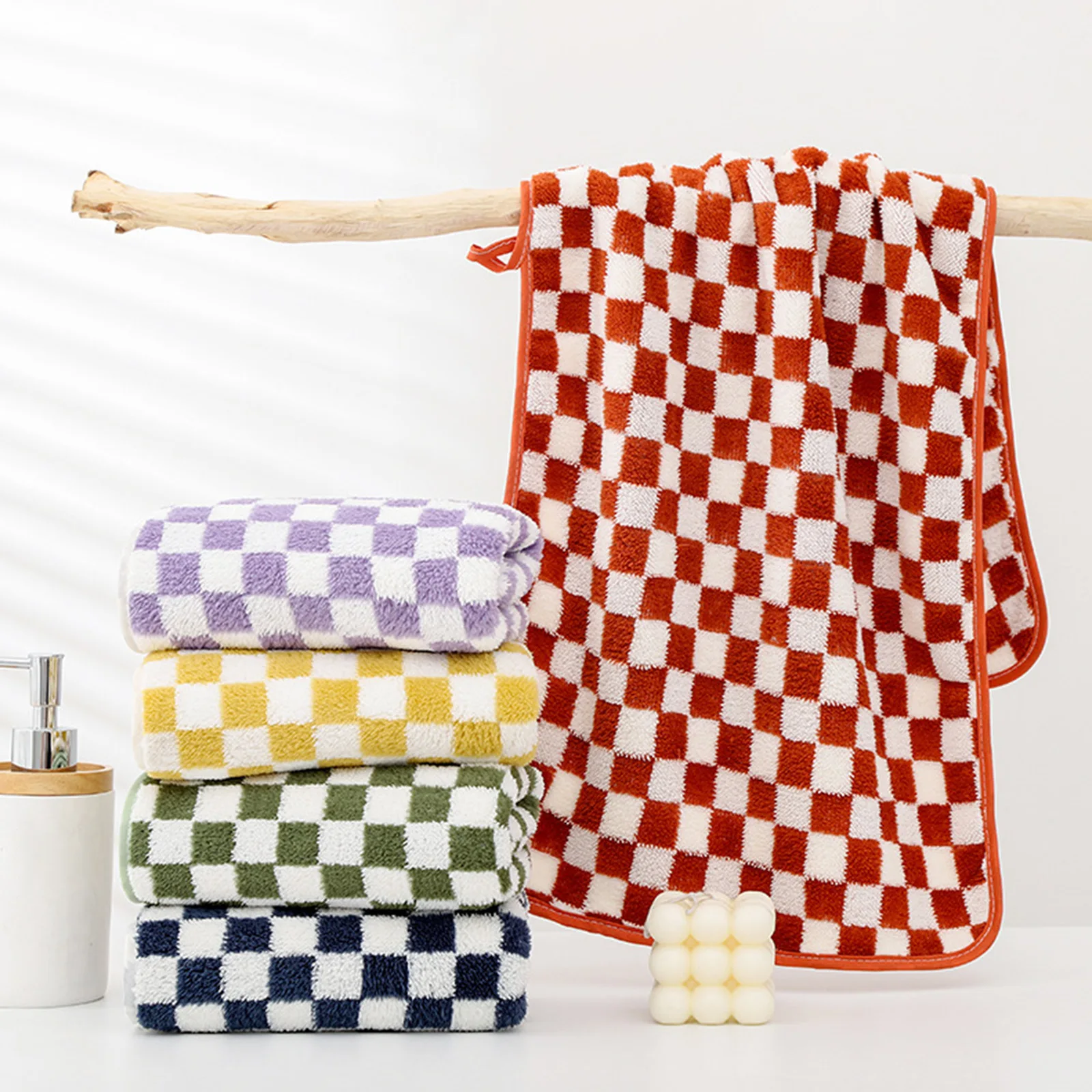 

2pcs 75x35cm Coral Fleece Bath Towel Checkerboard Covers Soft Absorbent Towel Bath Towel Dry Hair Band Cap Bathroom Towel