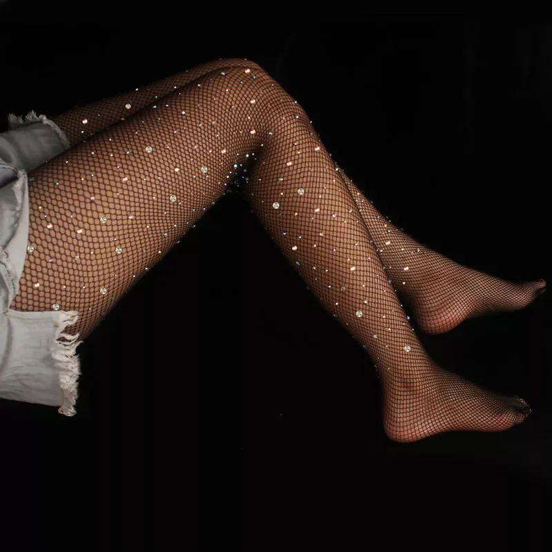 Trendy Sexy Woman Pantyhose Shiny Slim Fishnet Stockings Hollow Net Diamonds Lattice Tights Shiny Rhinestone Stockings