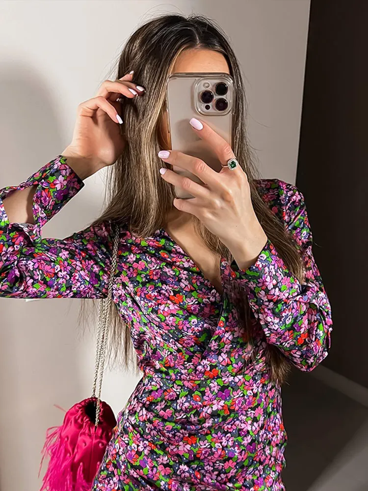 Элегантное плиссированное платье с цветочным принтом для женщин повседневные