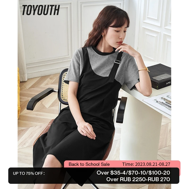 

Toyouth Women Fake Two Piece Dress 2023 Summer Short Sleeve O Neck A-shape Adjustable Shoulder Strap Contrast Mid-length Skirt