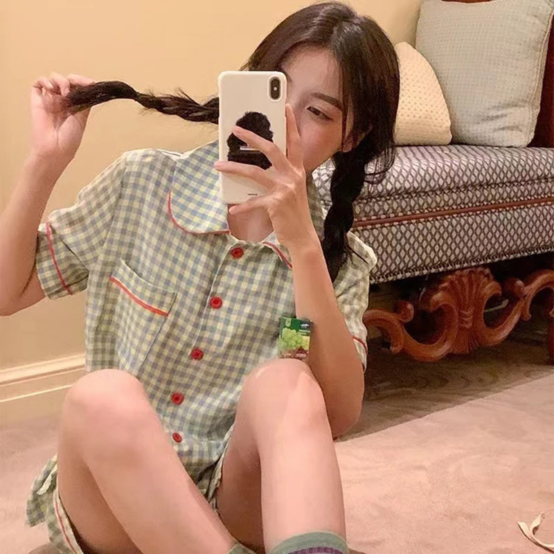 Summer Knitted Cotton Cartoon Pajamas Sets Women Pyjamas Sleepwear Nightwear Pijama Mujer Plus Size Calf-Length Pants Homewear