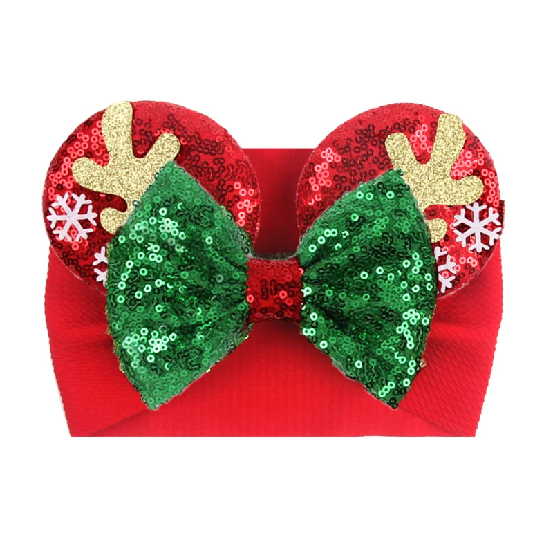 

2023 Disney Christmas Mouse Ears Headwrap For Baby Festival Sequin 5"Bow Headband Turban Birthday Party DIY Hair Accessories
