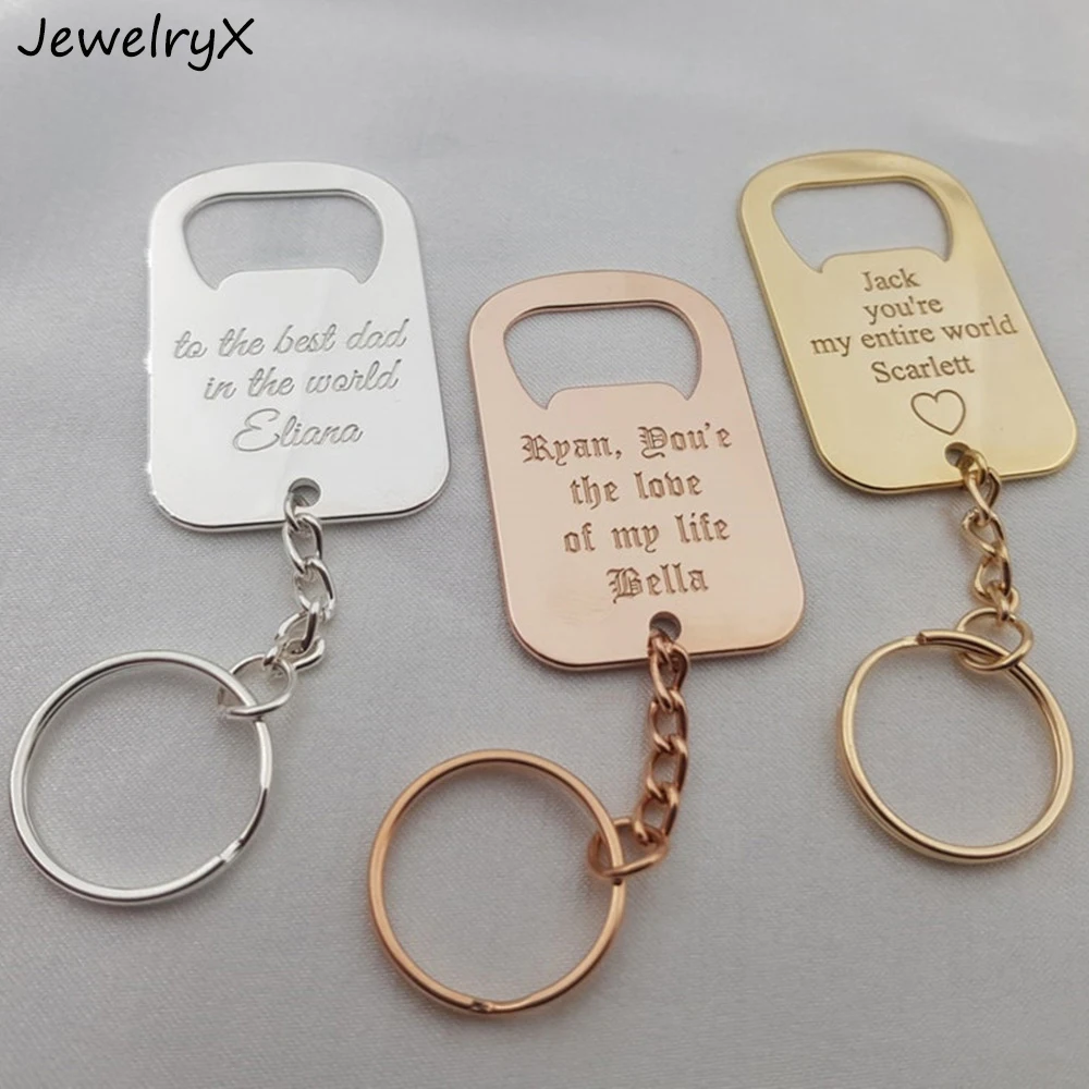 

JewelryX Personality Custom Bottle Opener Keychain Stainless Steel Letter Text Nameplate Pendant Keyring For Unisex Jewelry Gift