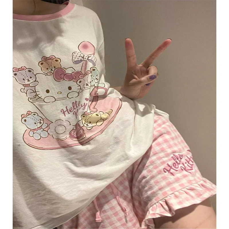Sanrios Cartoon Sweet Girl Hello Kittys Printed Short Sleeve Pajamas Female Summer T-Shirt Plaid Lace Shorts Loungewear Set