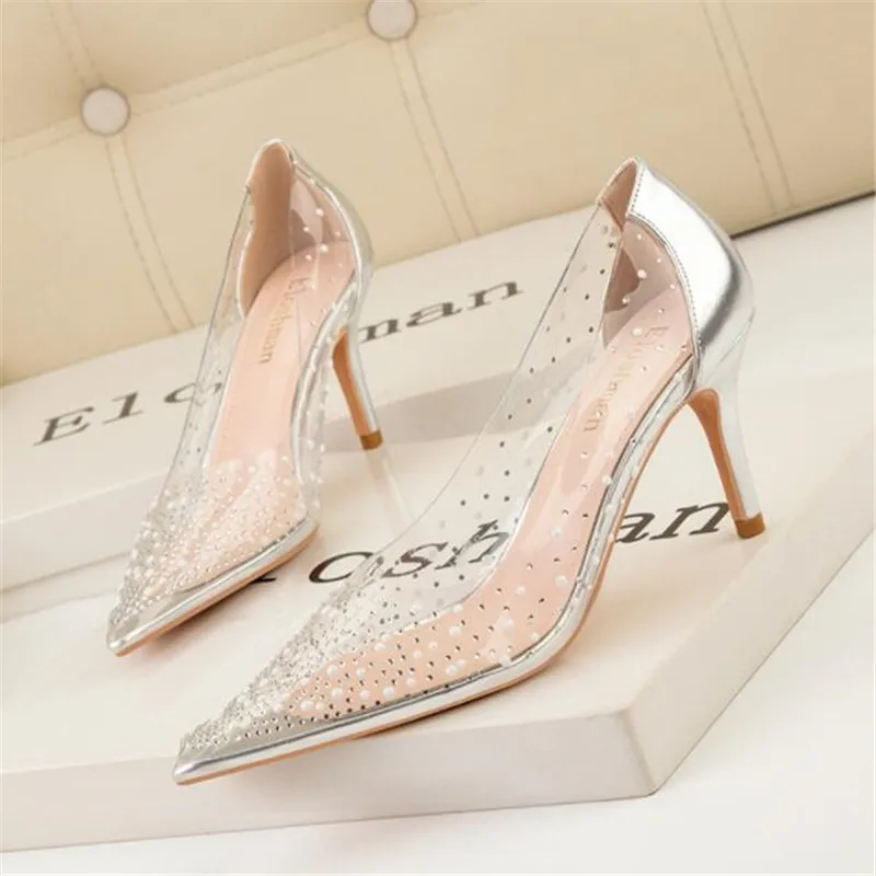 

Silver Sexy Rivet PVC Transparent Women Pumps Fashion Pointed Toe Nightclub Stripper Thin High Heels Femme Party Shoes mujer