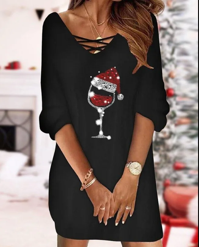 Купи Christmas Women's Dresses 2022 Summer Fashion Wine Glass Print Casual V-Neck Half Sleeve Mini Straight Dress за 299 рублей в магазине AliExpress