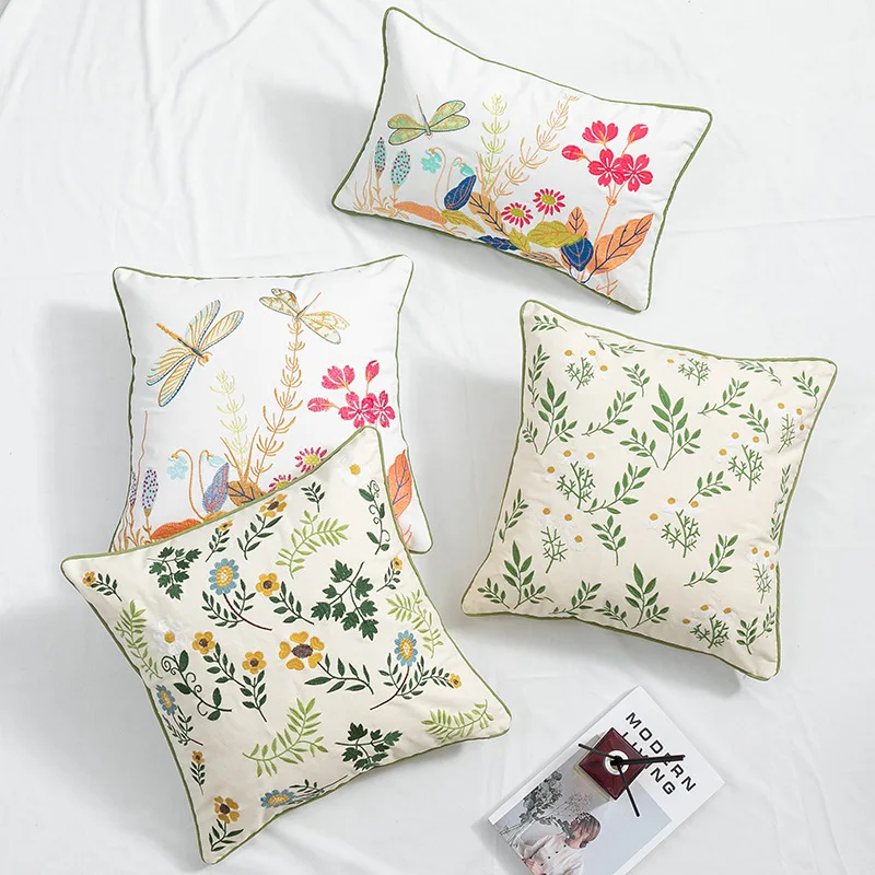 

2022 Spring New Plant Flower Cotton Embroidery Sofa Cushions Cover Dragonfly Flower Embroidery Cover Decorative Pillows for Sofa