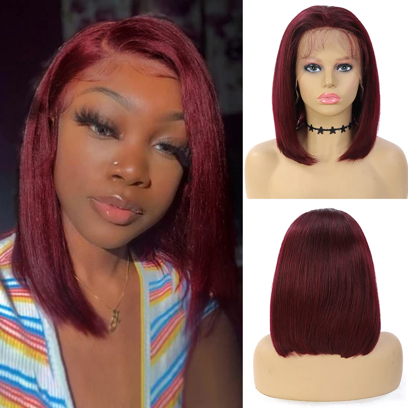 99J/Burgundy 8inch Short Bob Lace Front Wig Brazilian Remy Brown Straight 13x4 Lace Frontal Human Hair Wigs For Black Women SOKU