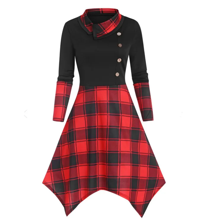 Женское платье в стиле панк готическое клетчатое пэчворк на пуговицах с длинным