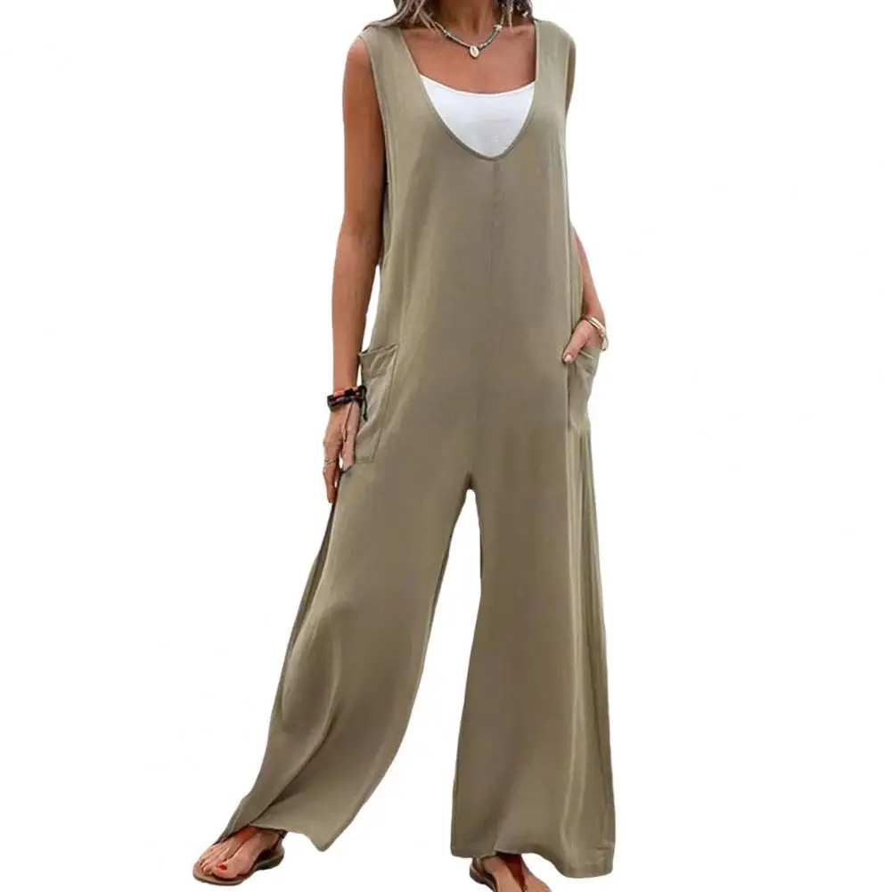 

Romper Elegant Tunic Long Playsuit Trousers Overalls Solid Color Loose Casual Sleeveless Deep Crotch Summer Jumpsuit Streetwear