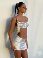 sexy strap satin crop tops mini skirt white 2 piece sets women 2022 summer backless bodycon party club beach outfit streetwear