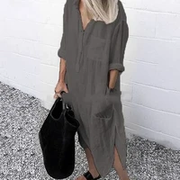 new women long shirt dress buttons pockets spring autumn fashion sleeves dresses loose casual plus size maxi
