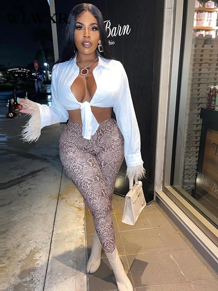 

WLWXR Summer Fashion Shirts Women Long Sleeve Feather Bandage Buttons Tees White Top Streetwear Backless Shirts Women 2022