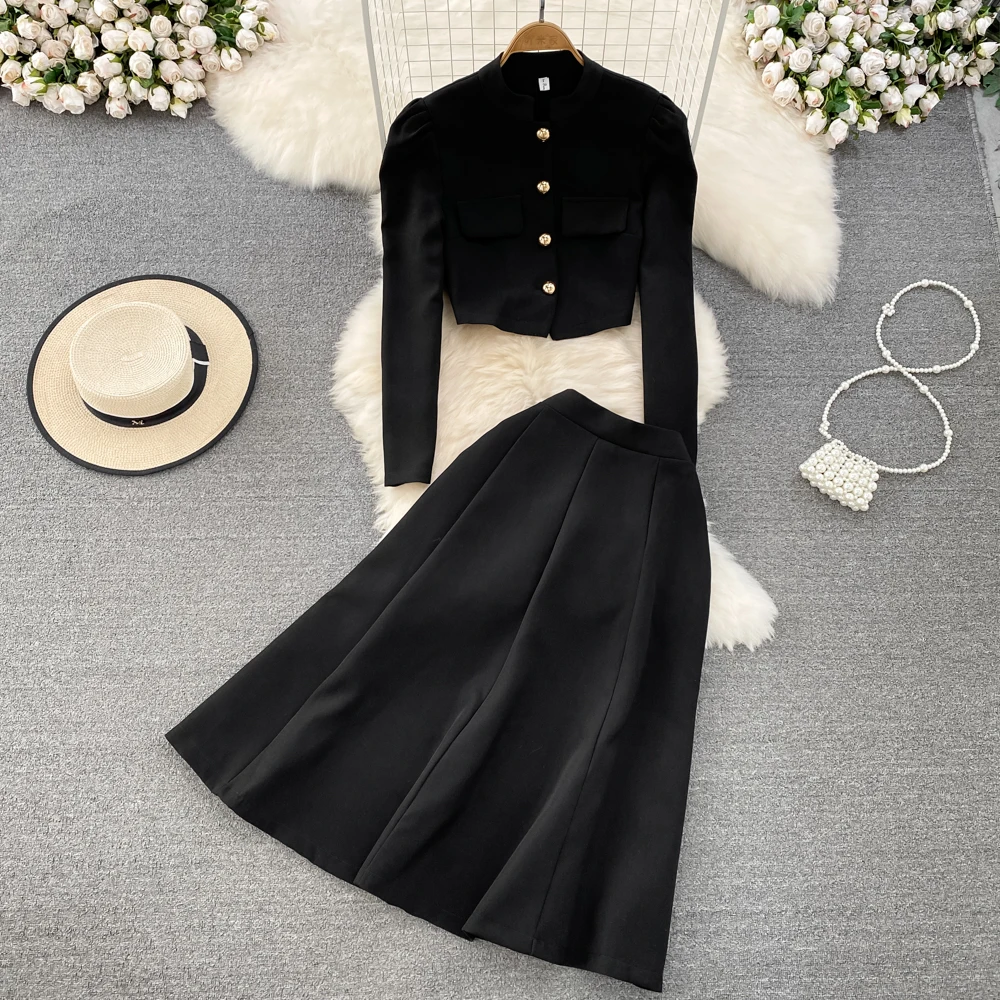 

Модный костюм в стиле божьей коровки с длинным рукавом и высокой талией женский + плиссированная юбка с высокой талией костюм из двух предме...