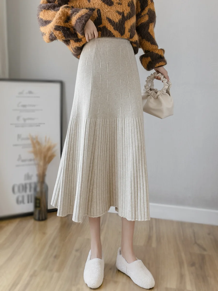 

Knitted Dress Skirt Women's Autumn Clothing New High Waist Sunken Stripe Hip Skirt Pleated A- line Skirt Mid-Length Winter Skirt