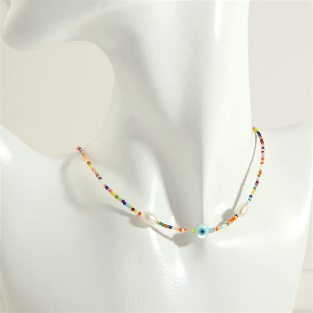 

Sexy Short Sparking Rainbow Seed Beads Necklace Women's Bohemian Round Devil's Eye Shell Beads Choker Chain Fashion Jewelry Gift