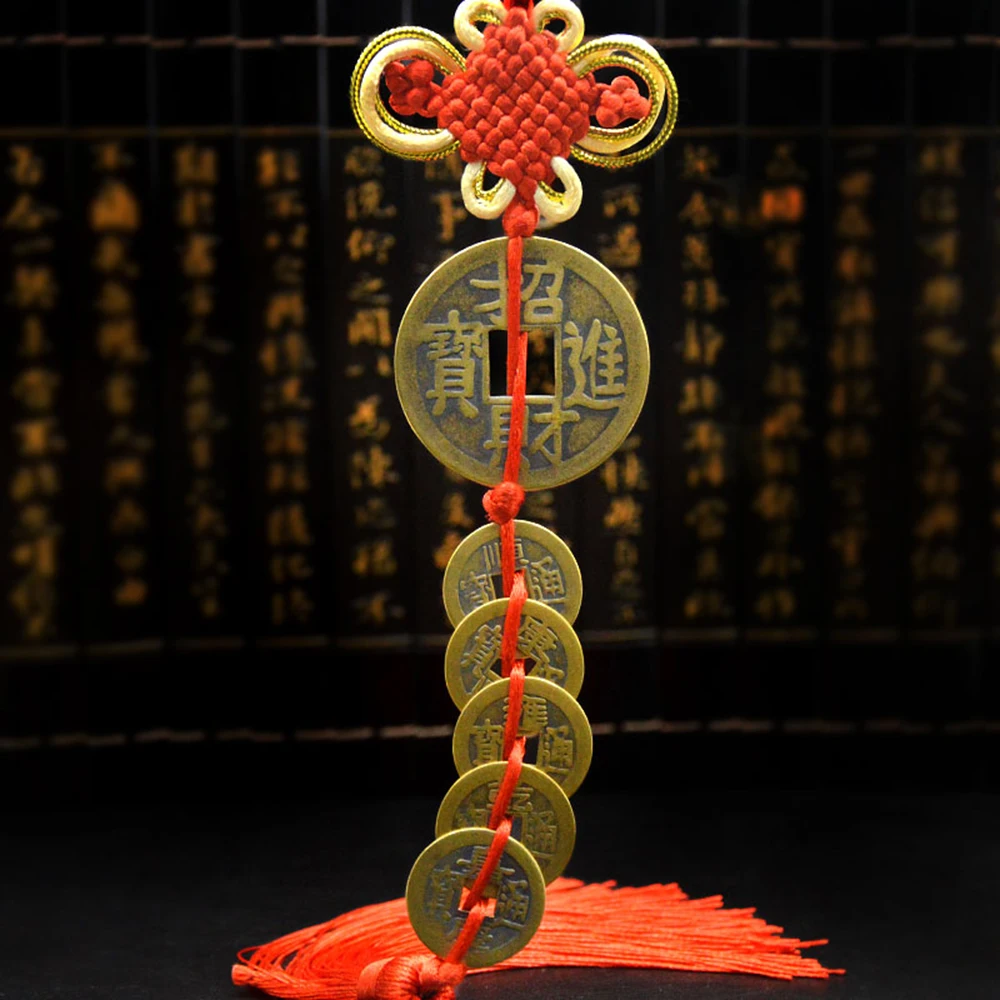

Chinese manual Knot Fengshui Lucky Charms Ancient I CHING Copper Five Emperor Money Coins Mascot Good Fortune Home Decor
